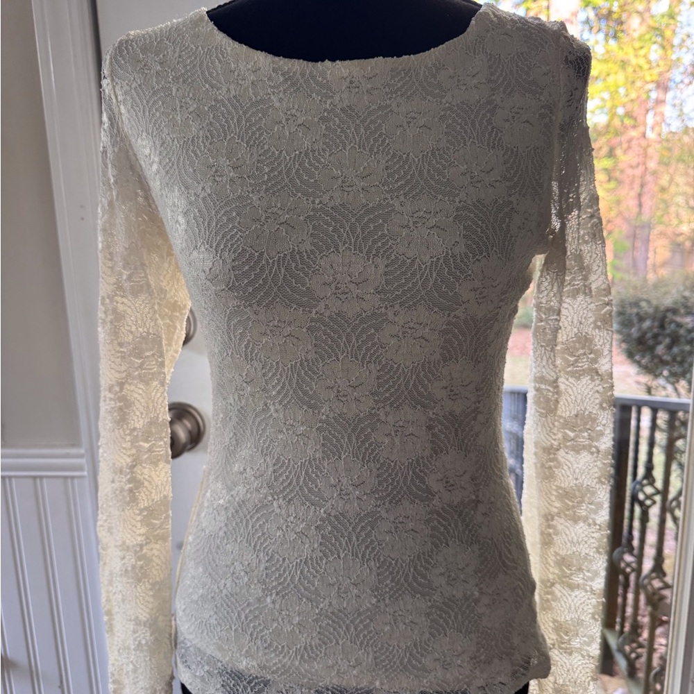 White House Black Market Ivory Lace Long Sleeve Blouse